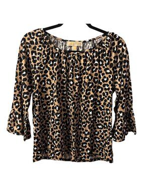NWT Michael Kors Leopard Print Top M Animal Print Round Neck Neutral Tan 3/4 Slv